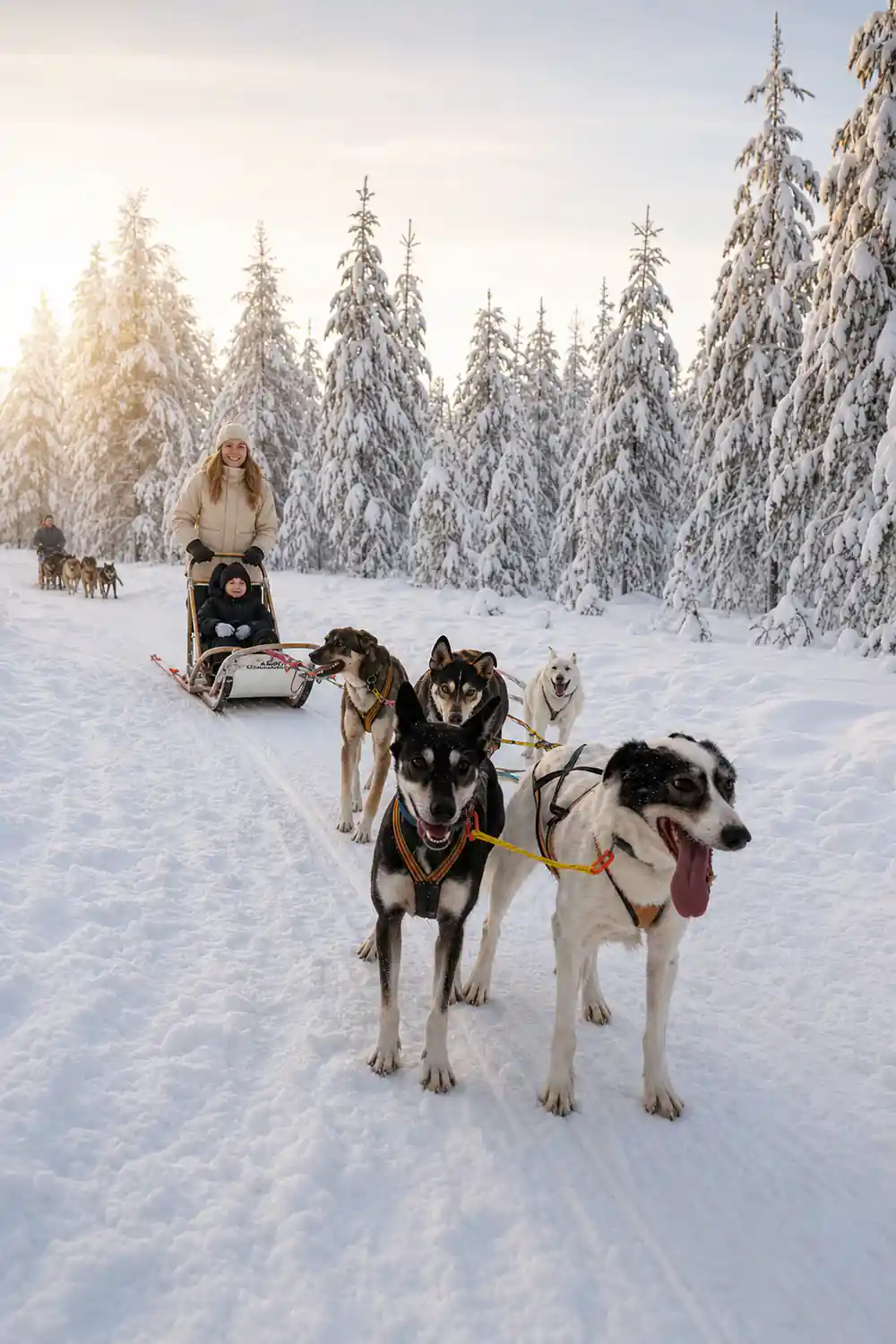 Sled dogs pulling sleigh through snowy forest landscape