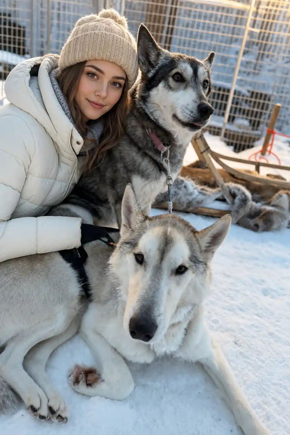 Two sled dogs resting on snowy ground near enclosure